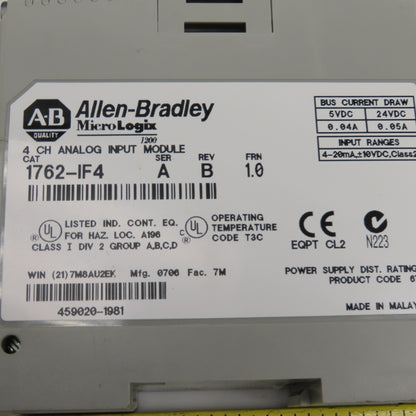 Allen Bradley 1762-IF4 4 Point Analog Input Relay Module FRN 1.0