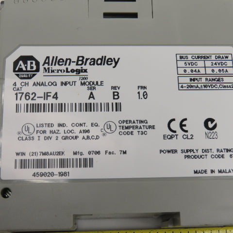 Allen Bradley 1762-IF4 4 Point Analog Input Relay Module FRN 1.0