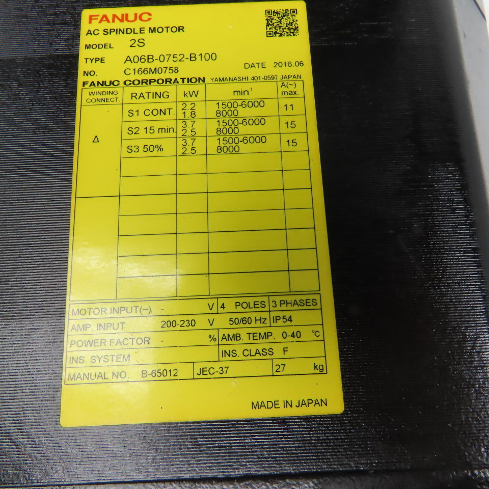 Fanuc A06B-0752-B100 200-230V 50/60Hz 4 Pole 3Ph 8000RPM MAX AC Servo Motor