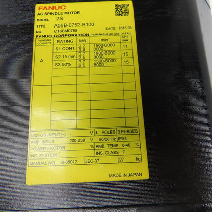Fanuc A06B-0752-B100 200-230V 50/60Hz 4 Pole 3Ph 8000RPM MAX AC Servo Motor