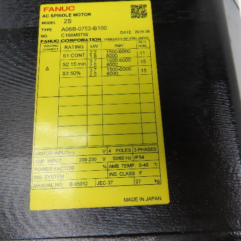 Fanuc A06B-0752-B100 200-230V 50/60Hz 4 Pole 3Ph 8000RPM MAX AC Servo Motor
