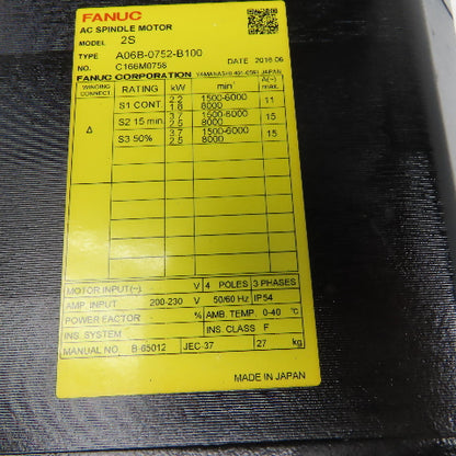 Fanuc A06B-0752-B100 200-230V 50/60Hz 4 Pole 3Ph 8000RPM MAX AC Servo Motor