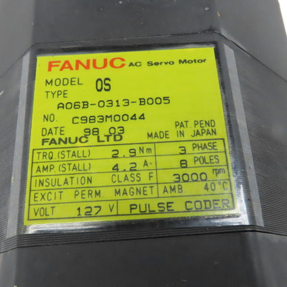 Fanuc A06B-0313-B005 127V 3Ph 8 Pole 3000RPM AC Servo Motor Pulse Coder
