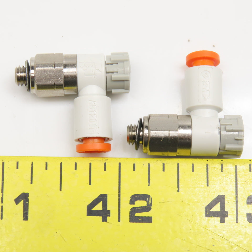 SMC AS1201F 5/32" Tube Push To Connect Flow Control 10-32 Elbow 90° Lot Of 2