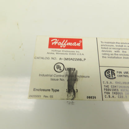 Hoffman A-30SA2208LP Enclosure W/Allen Bradley Disconnect 1494V-DS30 30A 600VAC