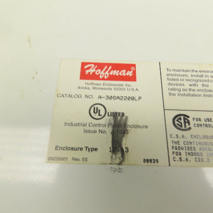 Hoffman A-30SA2208LP Enclosure W/Allen Bradley Disconnect 1494V-DS30 30A 600VAC