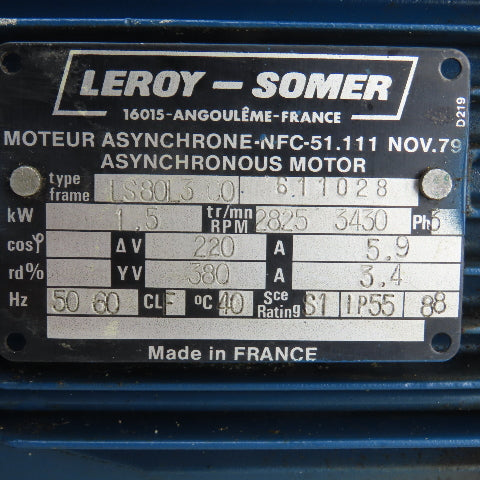 Leroy-Somer LS80L3 C0 1.5KW Pump 220/380V 3PH2825/3430RPM From Agiecut 100