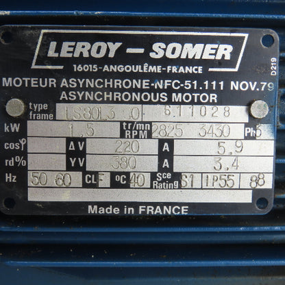 Leroy-Somer LS80L3 C0 1.5KW Pump 220/380V 3PH2825/3430RPM From Agiecut 100