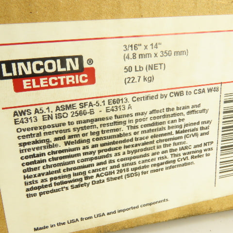 Lincoln Electric ED010156 Carbon Steel Stick Welding Electrodes 3/16" x 14" 50LB