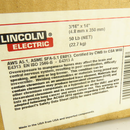 Lincoln Electric ED010156 Carbon Steel Stick Welding Electrodes 3/16" x 14" 50LB
