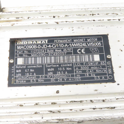 Indramat MAC090B-0-JD-4C/110-A 3000RPM 0.41Nm/A Perm Magnet Servo Brake Motor
