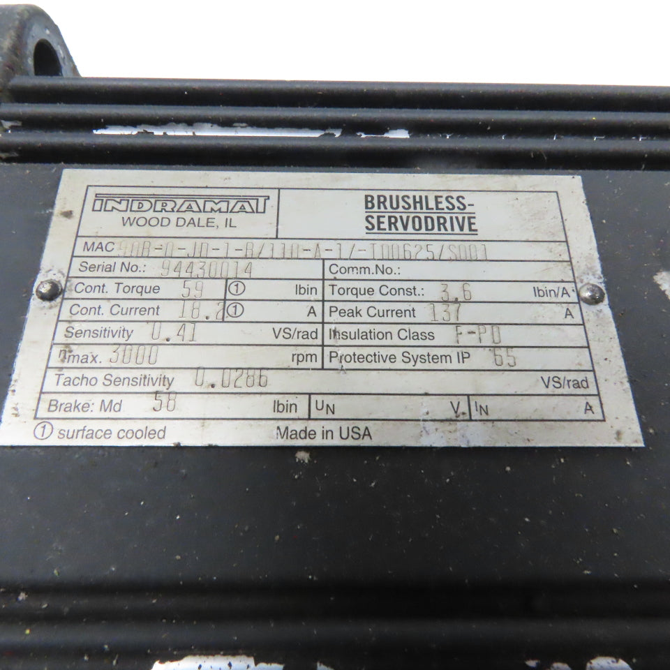Indramat 90B-0-JD-1-B/110-A-1/I00625/S001 3000RPM Brushless Servo Brake Motor