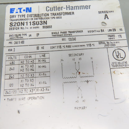 Cutler Hammer S20N11S03N 240/480V Pri 3kVa 120/240V Sec Single Phase Transformer