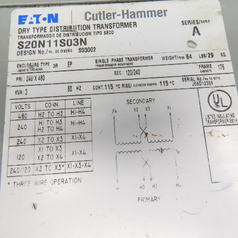 Cutler Hammer S20N11S03N 240/480V Pri 3kVa 120/240V Sec Single Phase Transformer