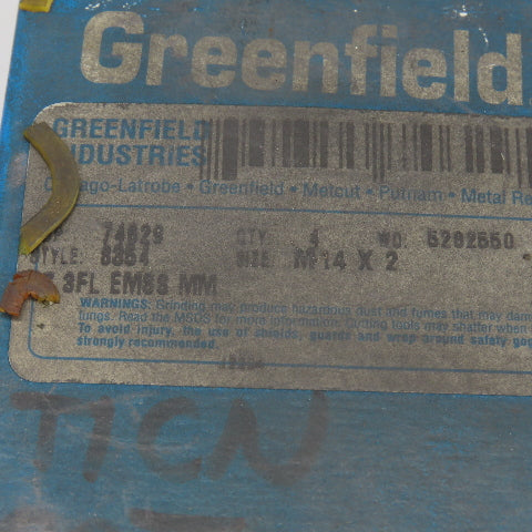 Greenfield M14 x 2 Metric Right Hand 3 Flute Spiral Point Bottom Tap TiCN Lot/4