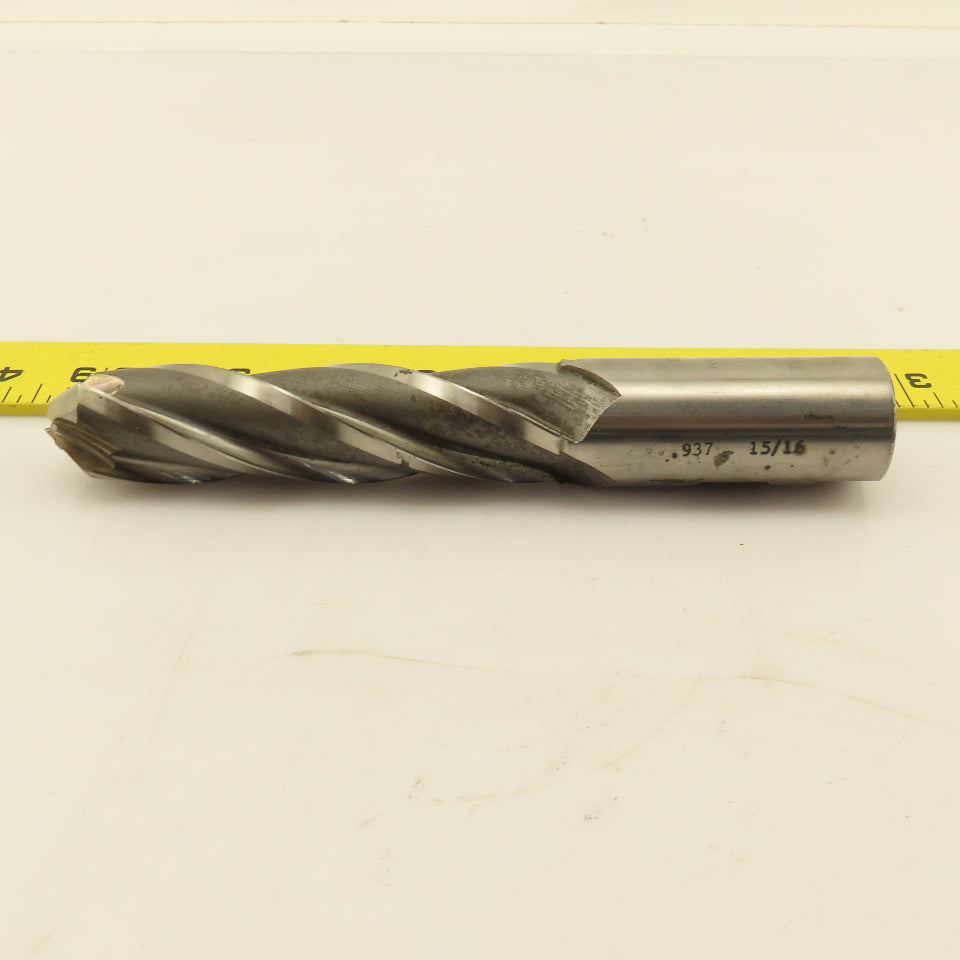 15/16"Spiral End Mill Drill Bit 4 Flute 90° Drill Point HSS 6-3/8" OAL