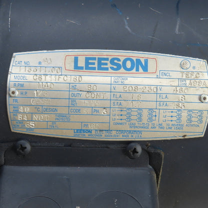 Leeson 113311.00 1/3HP AC Electric Motor 1140RPM 208-230/460V 3PH C56C Frame
