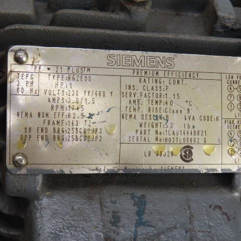 Siemens 1LA01444BR21 1HP AC Motor 1720RPM 460V 143TZ Frame W/Brake 230/460 6LB