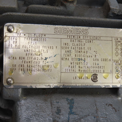 Siemens 1LA01444BR21 1HP AC Motor 1720RPM 460V 143TZ Frame W/Brake 230/460 6LB