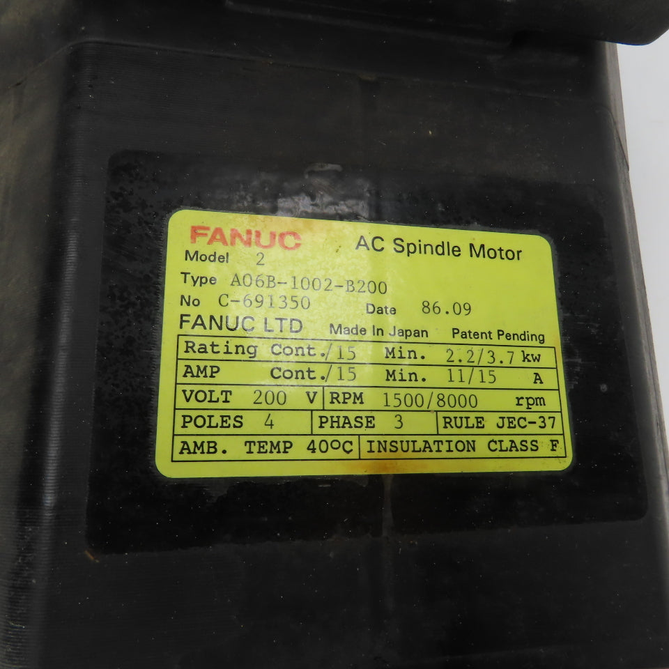 Fanuc A06B-1002-B200 2.2/3.7KW AC Spindle Motor1500/8000RPM 200V 3PH 11/15A
