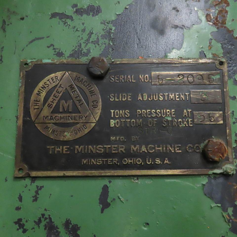 Minster 56 Ton OBI Geared Clutch Punch Press 5Hp 208/460V 6" Stroke 11" Throat