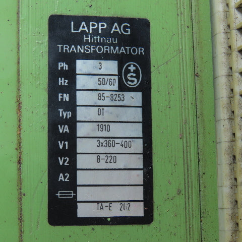Lapp Ag 85-8253 3 Phase Transformator 50/60Hz 1910VA Pri 3x360-400VA Sec 8-220VA