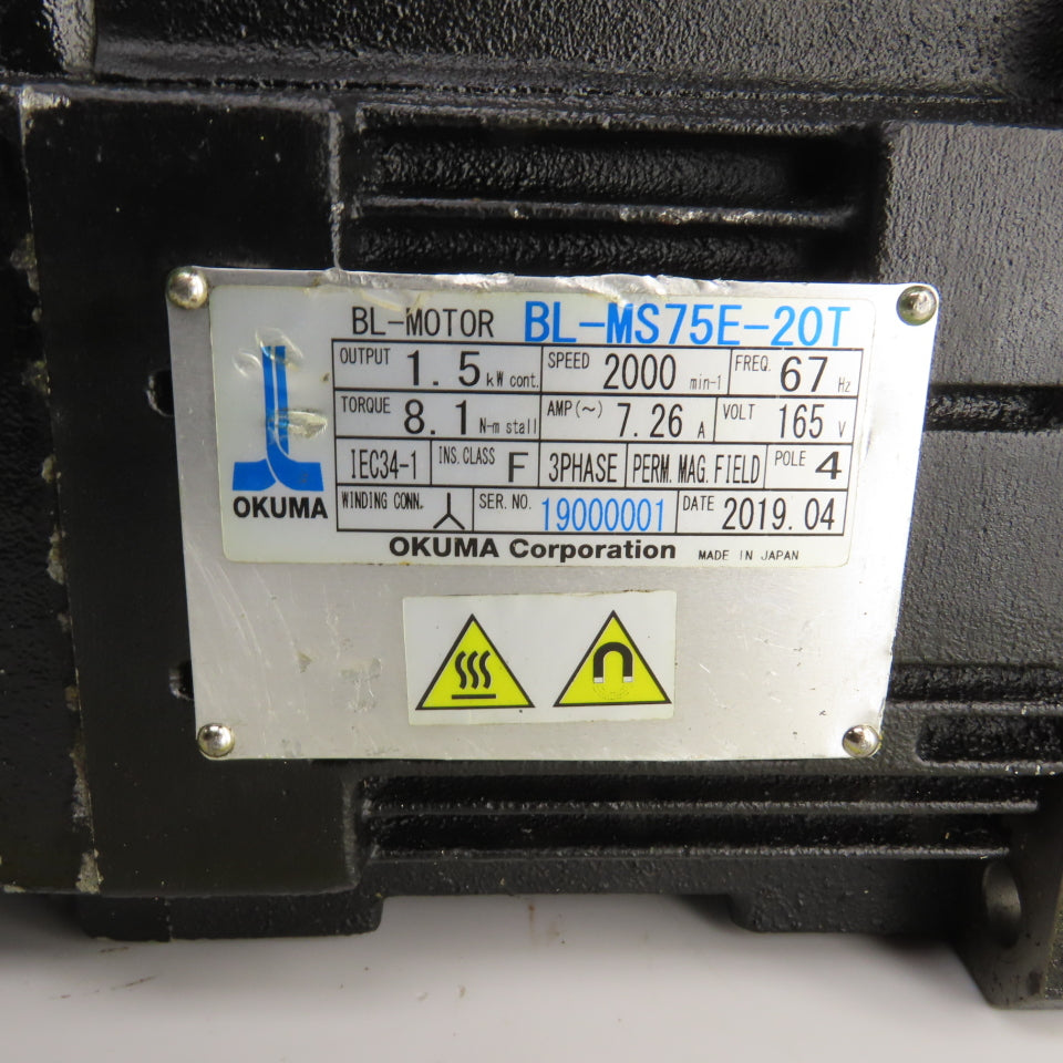 Okuma BL-MS75E-20T 1.5kW AC Servo Motor 2000 RPM 165V W/Encoder ER-FC-2048D
