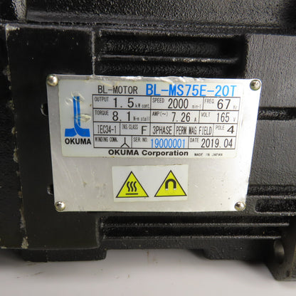 Okuma BL-MS75E-20T 1.5kW AC Servo Motor 2000 RPM 165V W/Encoder ER-FC-2048D