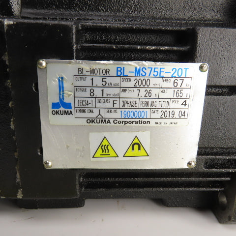 Okuma BL-MS75E-20T 1.5kW AC Servo Motor 2000 RPM 165V W/Encoder ER-FC-2048D