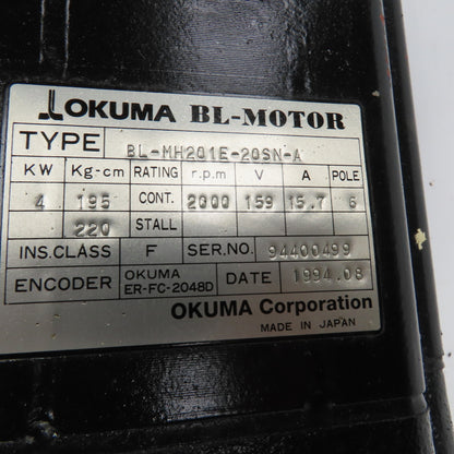Okuma BL-MH201E-20SN-A 4kW AC Servo Motor 2000 RPM 159V W/Encoder ER-FC-2048D