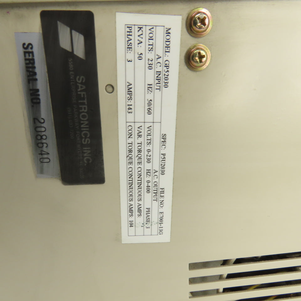 Saftronics GP52030 50KVA Variable Frequency Drive 0-230V 3PH  143A 0-400 HZ