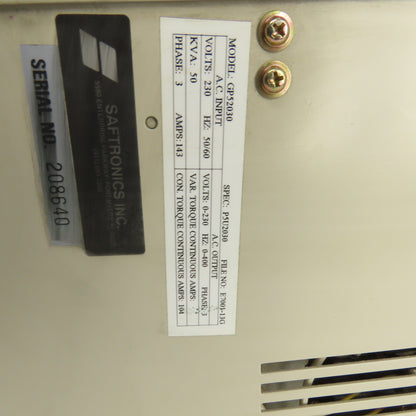 Saftronics GP52030 50KVA Variable Frequency Drive 0-230V 3PH  143A 0-400 HZ