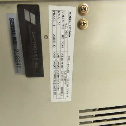Saftronics GP52030 50KVA Variable Frequency Drive 0-230V 3PH  143A 0-400 HZ