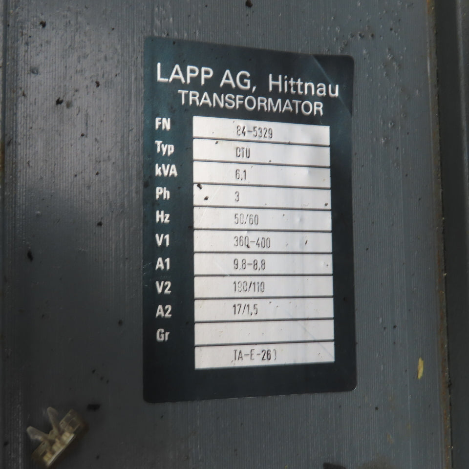 Lapp AG Hittnau E4-5329 DTU 6.1KVA Transformer Pri 400/360 Sec 190/110 3PH