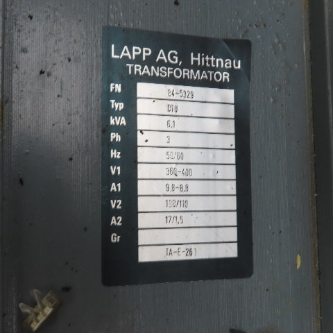 Lapp AG Hittnau E4-5329 DTU 6.1KVA Transformer Pri 400/360 Sec 190/110 3PH