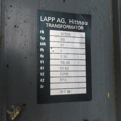 Lapp AG Hittnau E4-5329 DTU 6.1KVA Transformer Pri 400/360 Sec 190/110 3PH