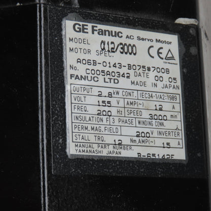 Fanuc A06B-0143-B075#7008 2.8KW Servo Motor 3000RPM 155VACV 3PH W/Encoder