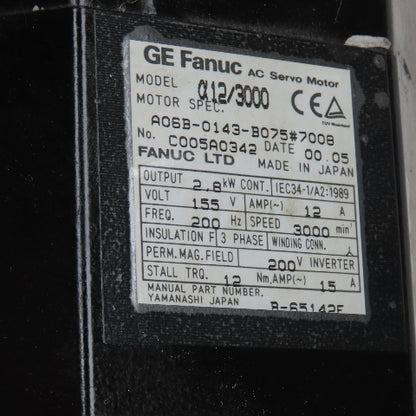 Fanuc A06B-0143-B075#7008 2.8KW Servo Motor 3000RPM 155VACV 3PH W/Encoder
