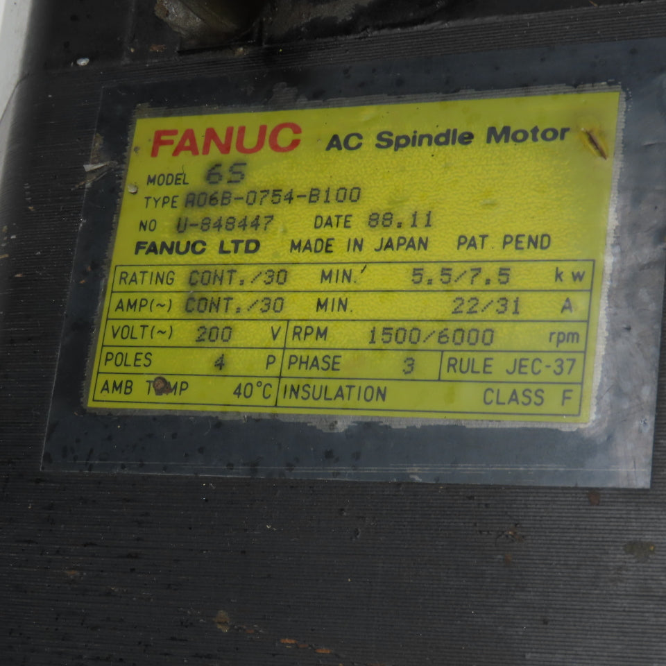 Fanuc A06B-0754-B100 6S 5.5/7.5KW AC Spindle Motor 1500/6000RPM 200VAC 22/31A