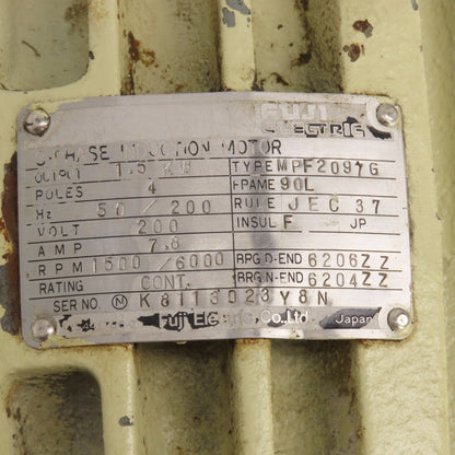 Fuji MPF2097G 1.5KW Induction Motor 1500/6000RPM 208V 7.8A 3PH 90L Frame