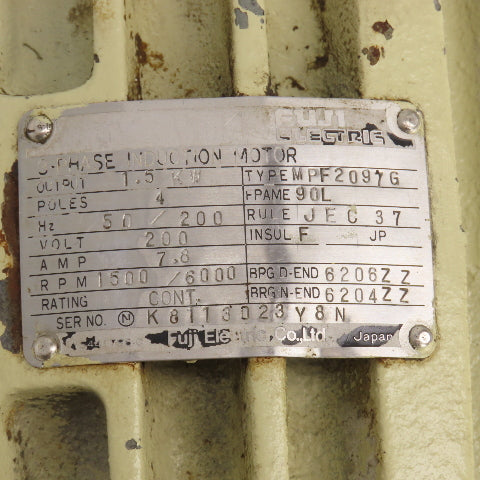Fuji MPF2097G 1.5KW Induction Motor 1500/6000RPM 208V 7.8A 3PH 90L Frame
