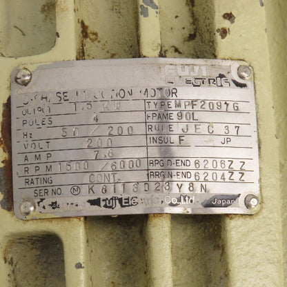 Fuji MPF2097G 1.5KW Induction Motor 1500/6000RPM 208V 7.8A 3PH 90L Frame