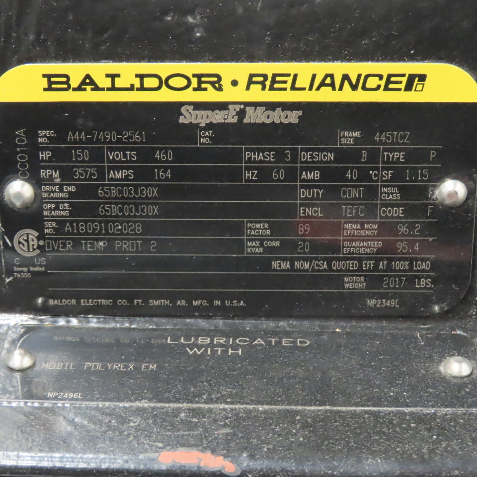 Baldor A44-7490-2561 150Hp 3575RPM 3Ph 460V 445TCZ AC Super E Motor