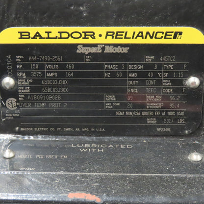 Baldor A44-7490-2561 150Hp 3575RPM 3Ph 460V 445TCZ AC Super E Motor