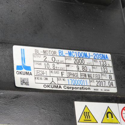 Okuma BL-MC100MJ-20SNA 2 KW AC Servo Motor 2000RPM 133V 9.80A 3PH