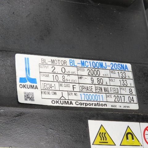 Okuma BL-MC100MJ-20SNA 2 KW AC Servo Motor 2000RPM 133V 9.80A 3PH