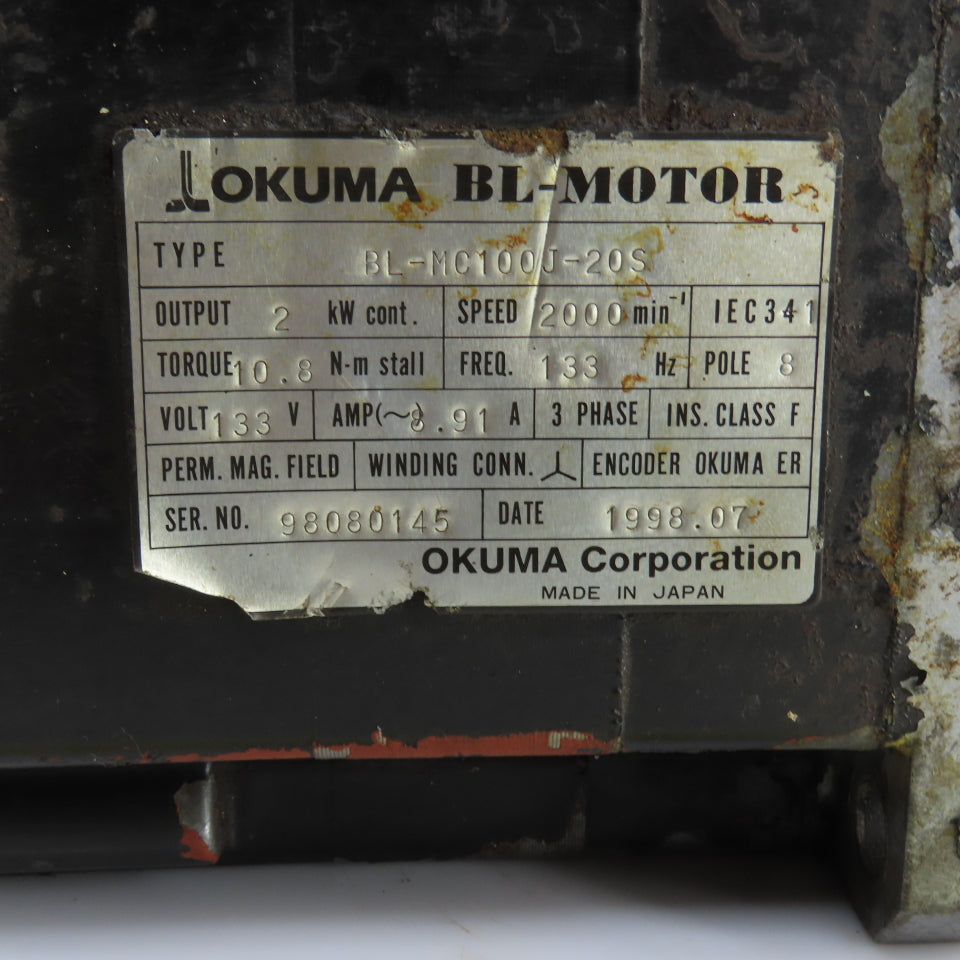 Okuma BL-MC100J-20S 2 KW BL-Motor 2000RPM 133V 8.91A 3PH Back Cover Missing