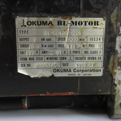 Okuma BL-MC100J-20S 2 KW BL-Motor 2000RPM 133V 8.91A 3PH Back Cover Missing
