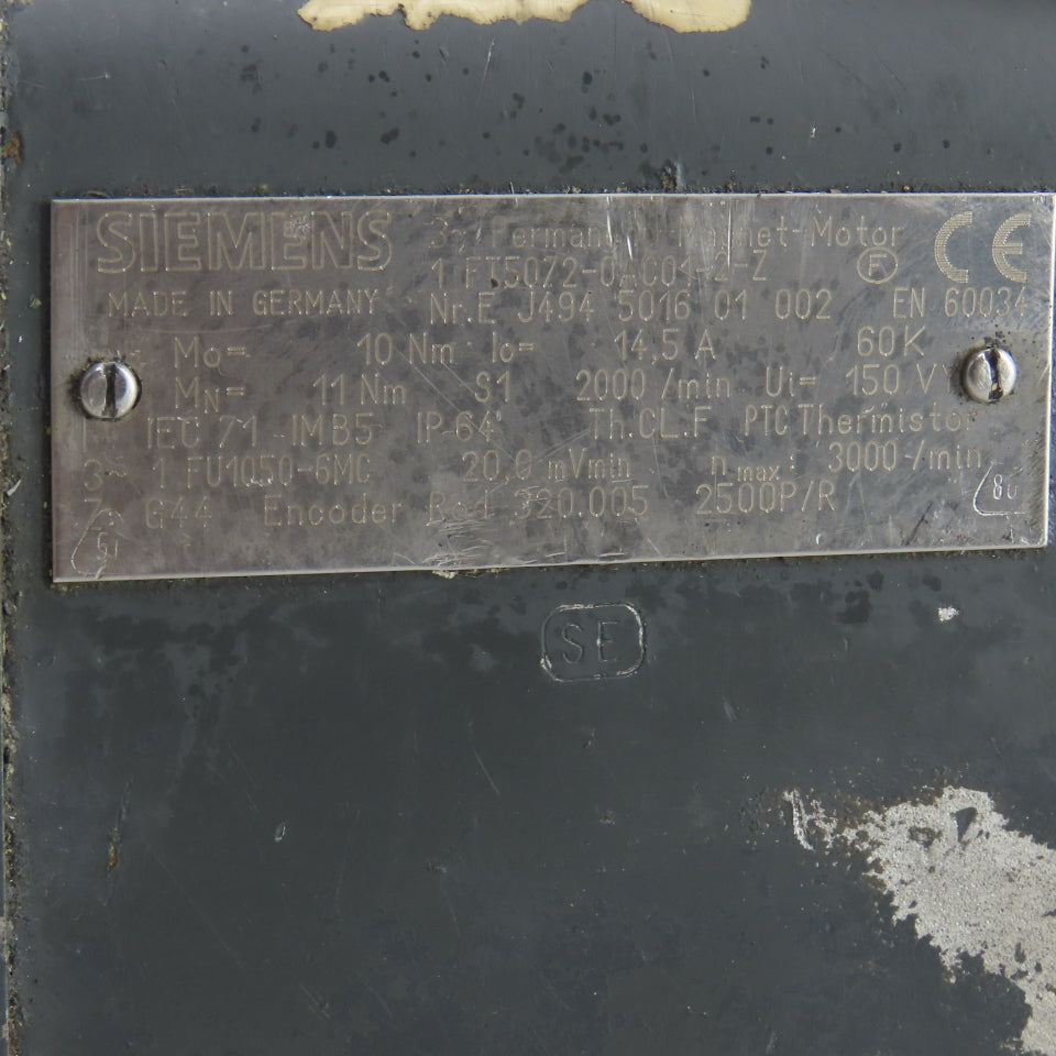 Siemens 1FT5072-0AC01-2-Z 10Nm 2000RPM 3Ph 150V AC 3Ph Permanent Magnet Motor