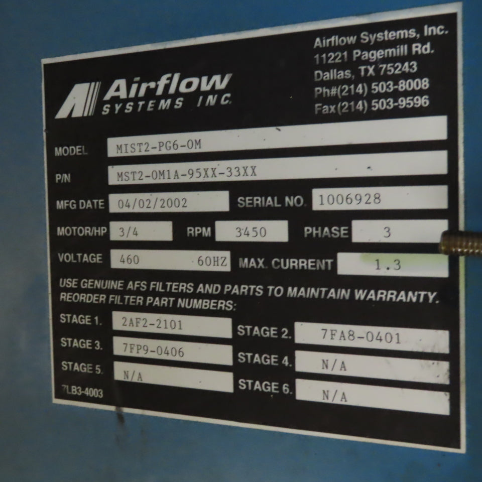 Airflow Systems MIST2-PG-0M Oil Mist Pac Filter Unit 3/4Hp 3Ph 208-220/480V